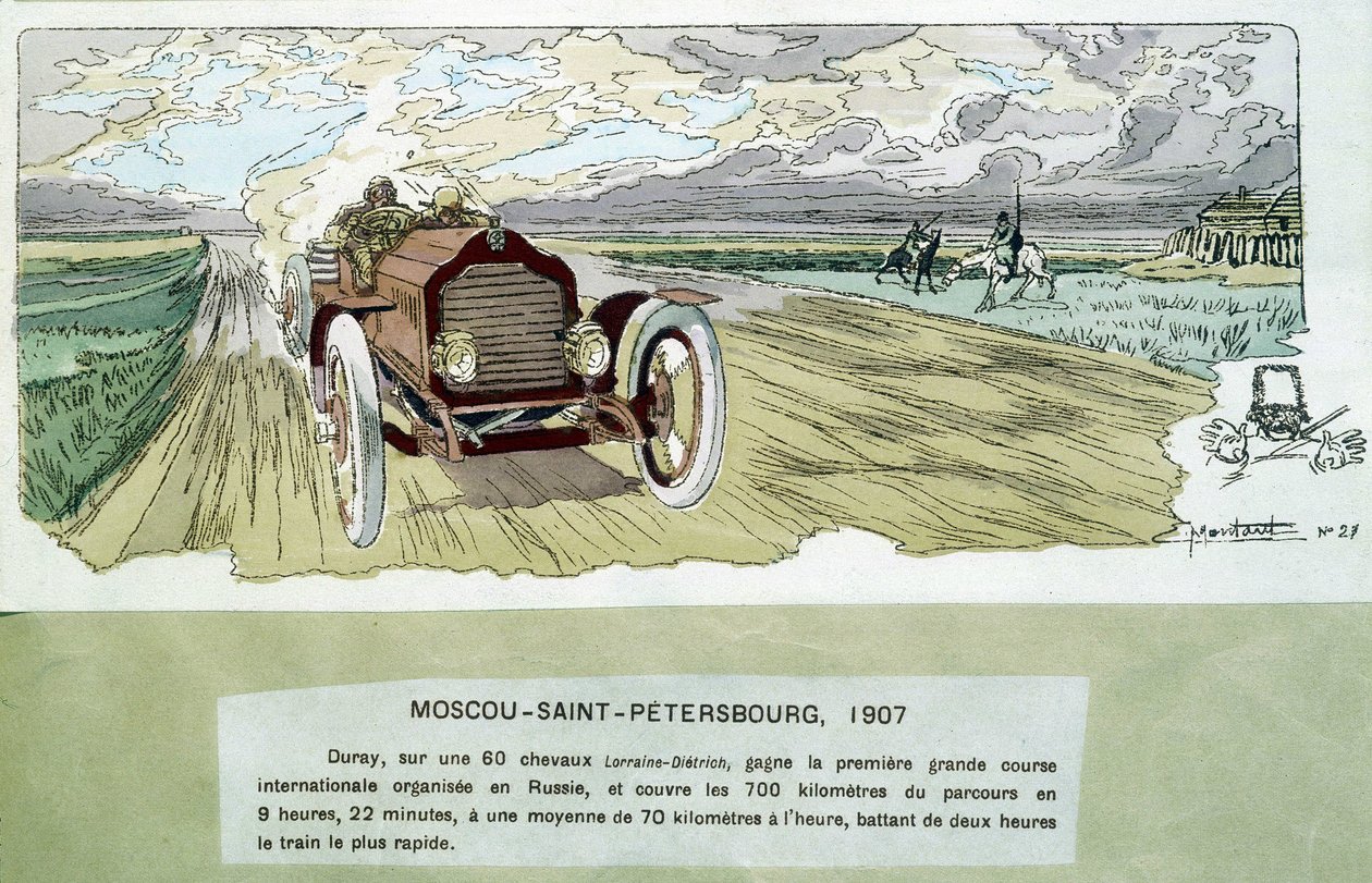 Moottoriurheilu: Moskova - Pietari, noin 1900 - piirustus Ernest Montaut (1878-1909). tekijältä Ernest Montaut