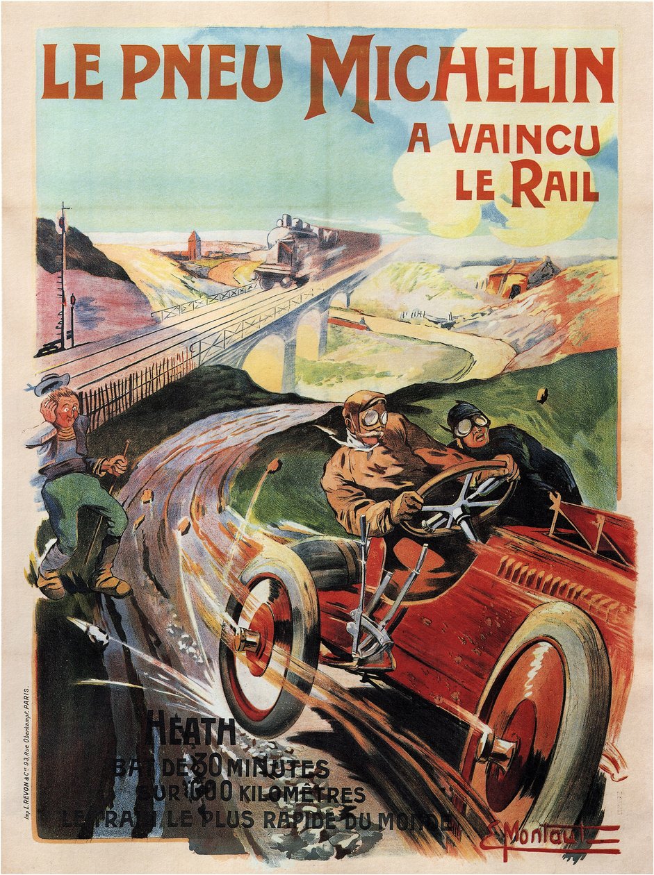 Panhard et levassor kilpa-auto, jota ajaa nummet - Michelin Renkaat (Pneu) - Montaut, Ernest (1879-1909) - 1905 - Värilitografia - Yksityiskokoelma tekijältä Ernest Montaut
