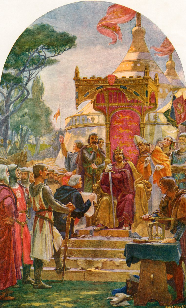 Kuningas John myöntää Magna Cartan Runnymedessa Thames-joen rannalla lähellä Windsoria Englannissa, 15. kesäkuuta 1215. Cassellin Englannin historiasta, julkaistu n. 1901 tekijältä Ernest Normand