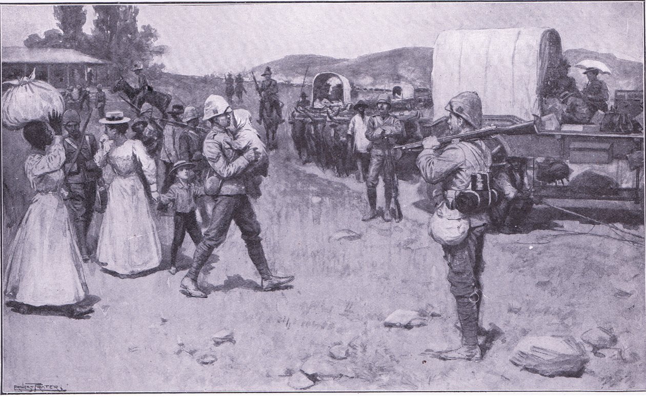 Brittisotilaat avustavat buuripakolaisia, kuvitus teoksesta After Pretoria: The Guerilla War, 1902 tekijältä Ernest Prater