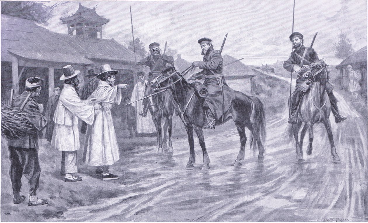 Kasakat tiedustelijat keräämässä tietoja korealaisesta vangituksesta, kuva Cassellsin Venäjän ja Japanin sodan historiasta, osa 1, n. 1900 tekijältä Ernest Prater