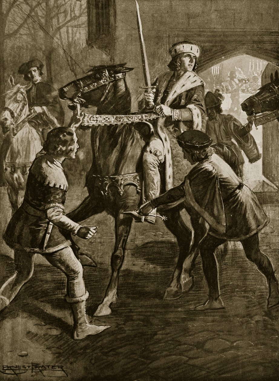Edward IV pakenee arkkipiispan Hertfordshiren kartanosta, 1470, kuvitus teoksesta "Hutchinson