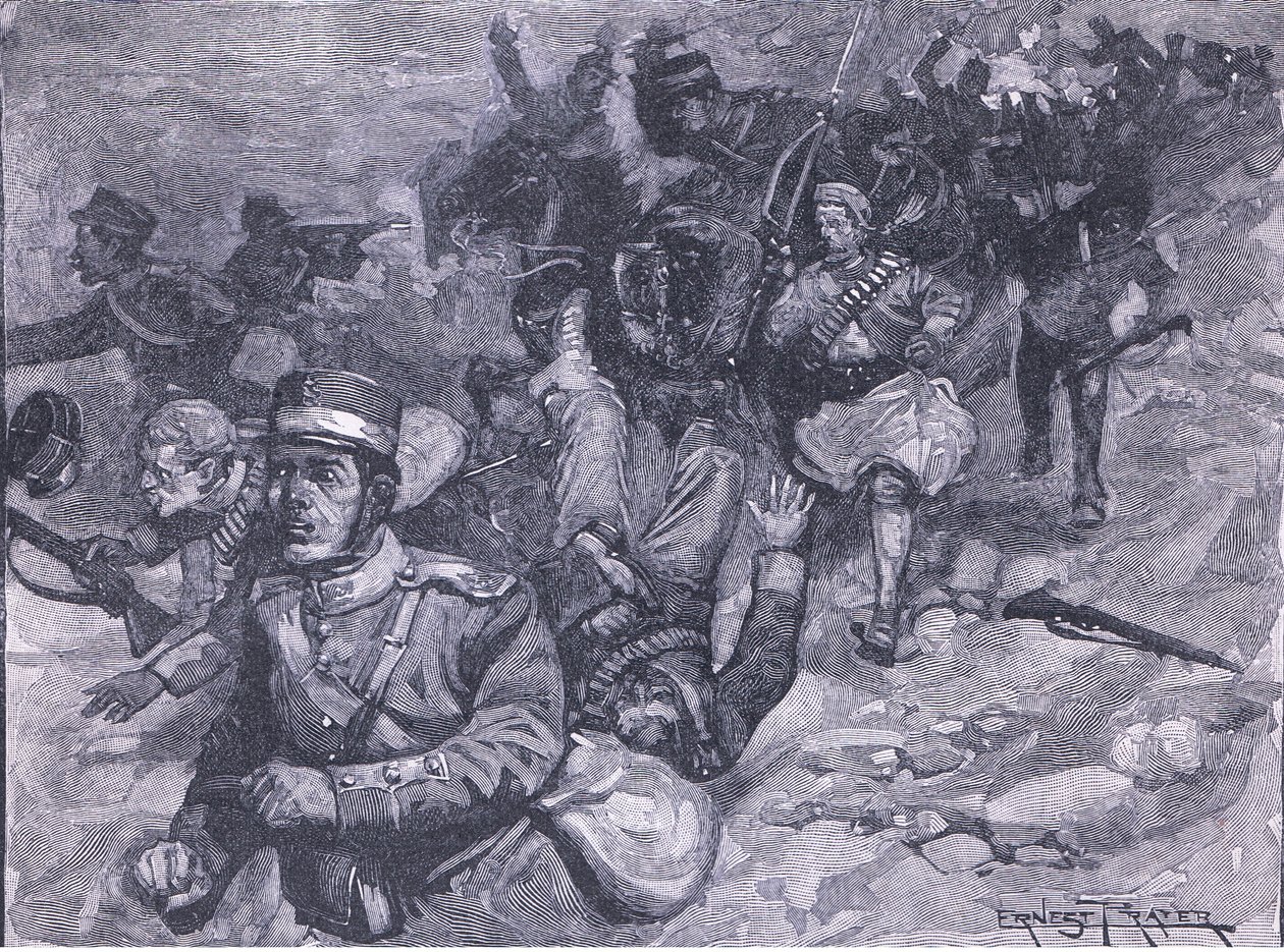 Kreikkalaisten lento Larissassa, kuvitus Cassellsin Englannin historiasta, 1900-luku tekijältä Ernest Prater