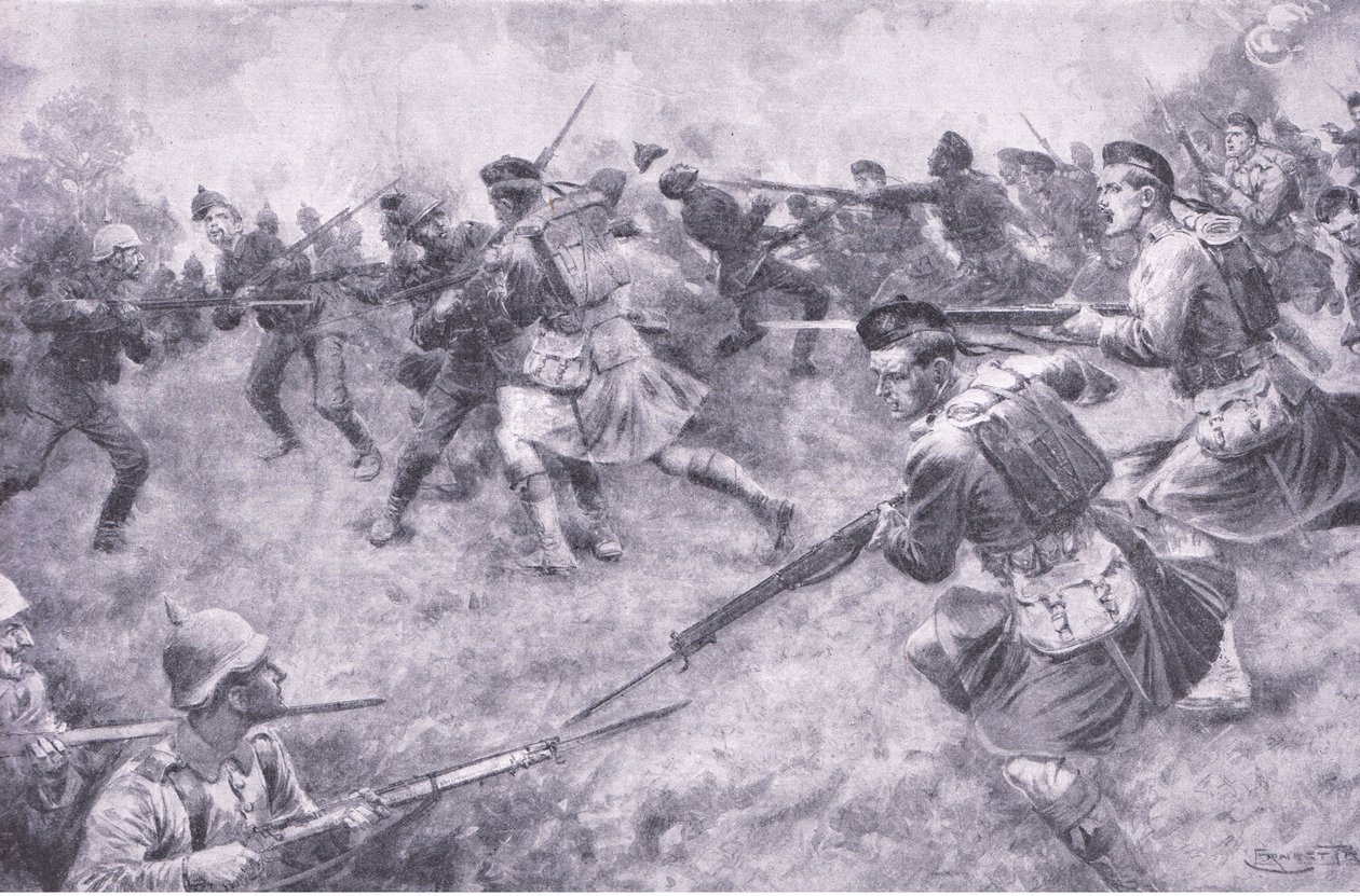 Lontoon skotlantilaisten urhea hyökkäys, Waverley Book Co Limitedin julkaisemasta History of the Great War Vol. 3:sta, n. 1920. tekijältä Ernest Prater