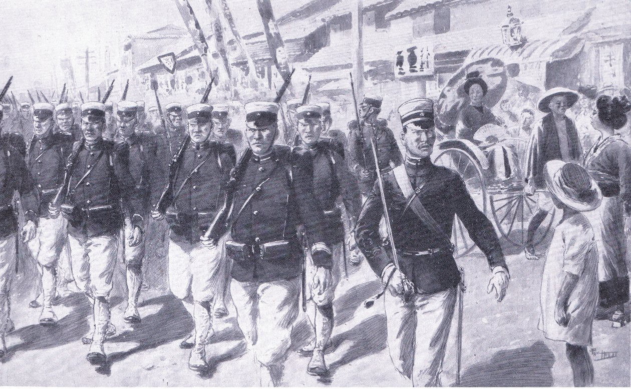 Japanilaiset marssivat Tokion läpi, kuvitus teoksesta Cassells History of the Russo-Japanese War Vol. 1, n. 1900. tekijältä Ernest Prater
