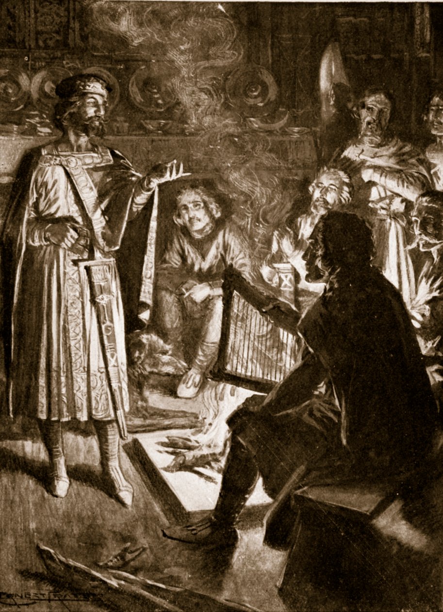 Kuningas Kanute ja runoilija, kuvitus "Hutchinsonin tarinasta brittiläisestä kansasta", n. 1920 tekijältä Ernest Prater