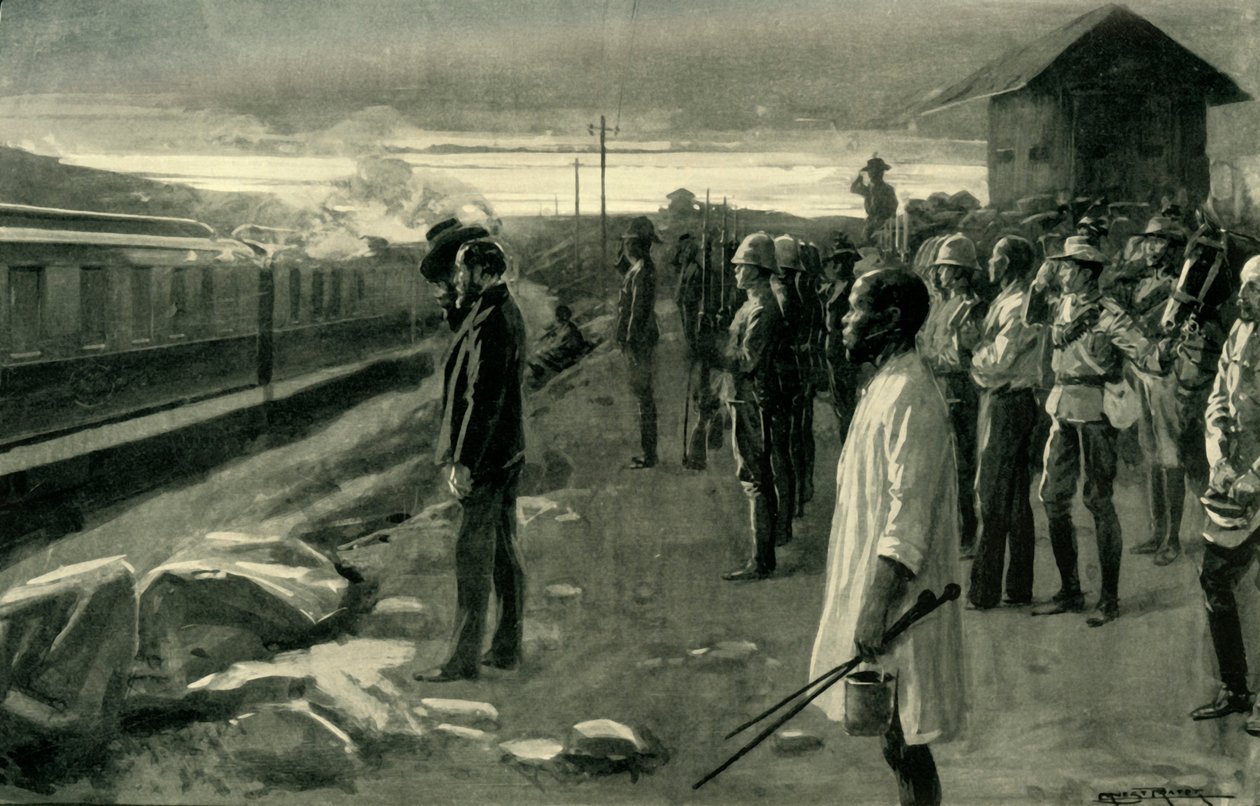 "Juna, joka kuljettaa Mr. Rhodesin jäänteitä Blockhouse Guardsin tervehdyttämänä", 1902. tekijältä Ernest Prater
