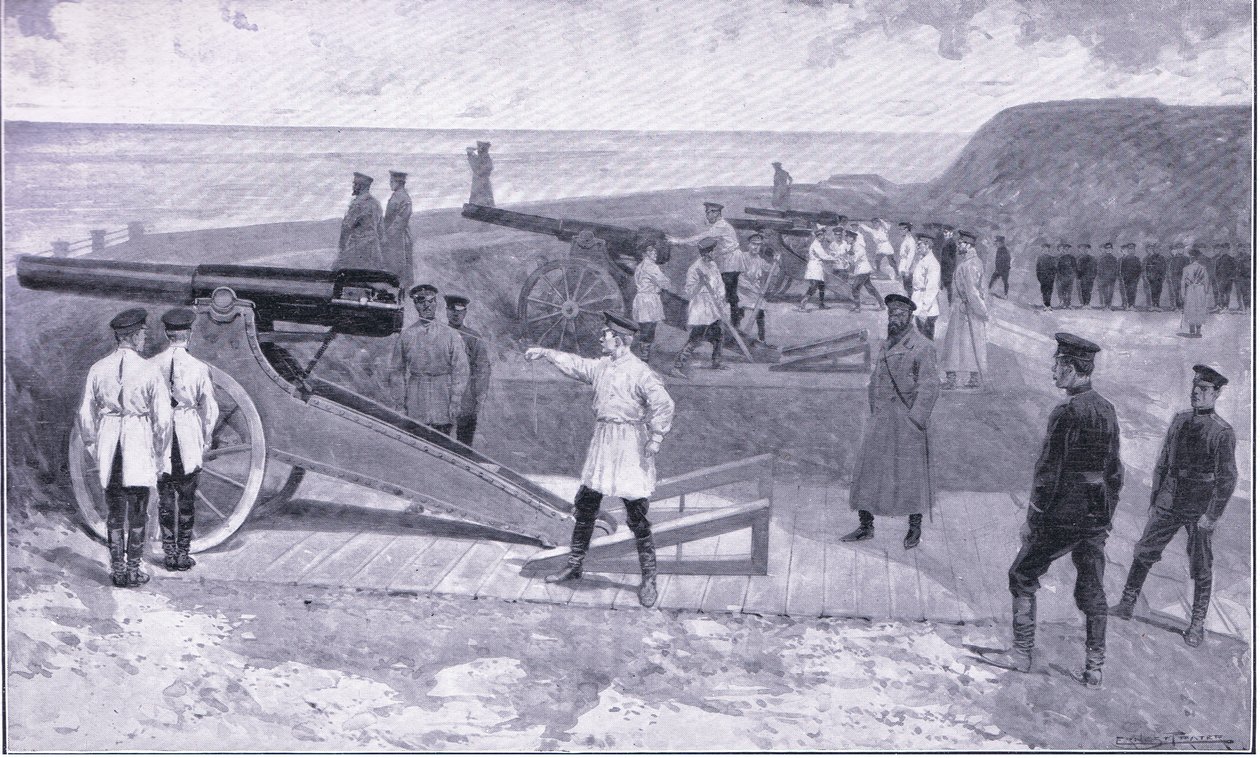 Port Arthurin investointi. Yhdessä Venäjän satamaa vartioivista satamista, kuvitus Cassellsin Venäjän ja Japanin sodan historiasta Vol 1, n. 1900 tekijältä Ernest Prater