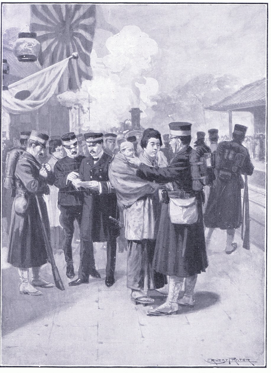 Joukot lähtevät Tokiosta, kuvitus Cassellsin Venäjän ja Japanin sodan historiasta, osa 1, n. 1900 tekijältä Ernest Prater