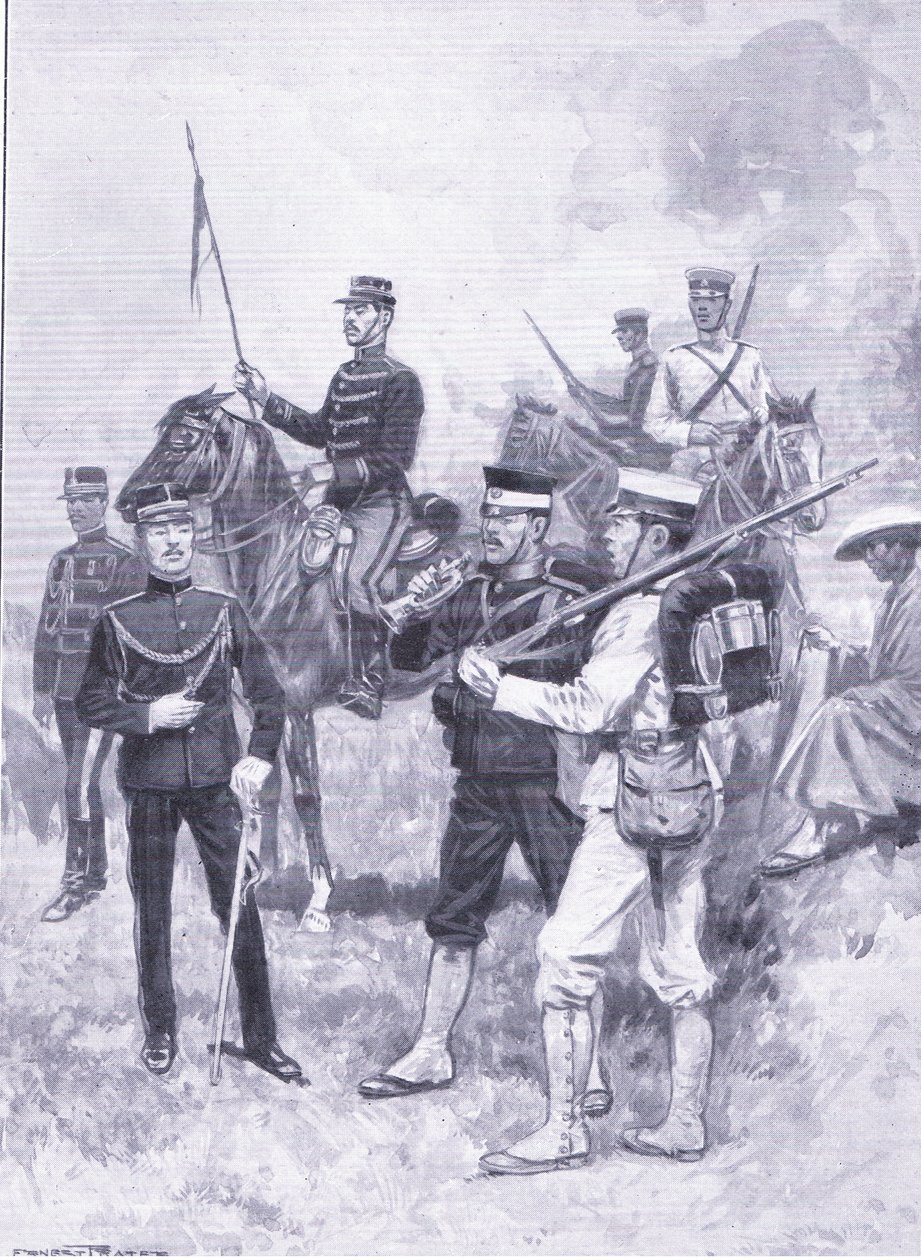 Japanilaisten sotilaiden tyypit, kuvitus: Cassells History of the Russian-Japanese War, Vol 1, n. 1900 tekijältä Ernest Prater