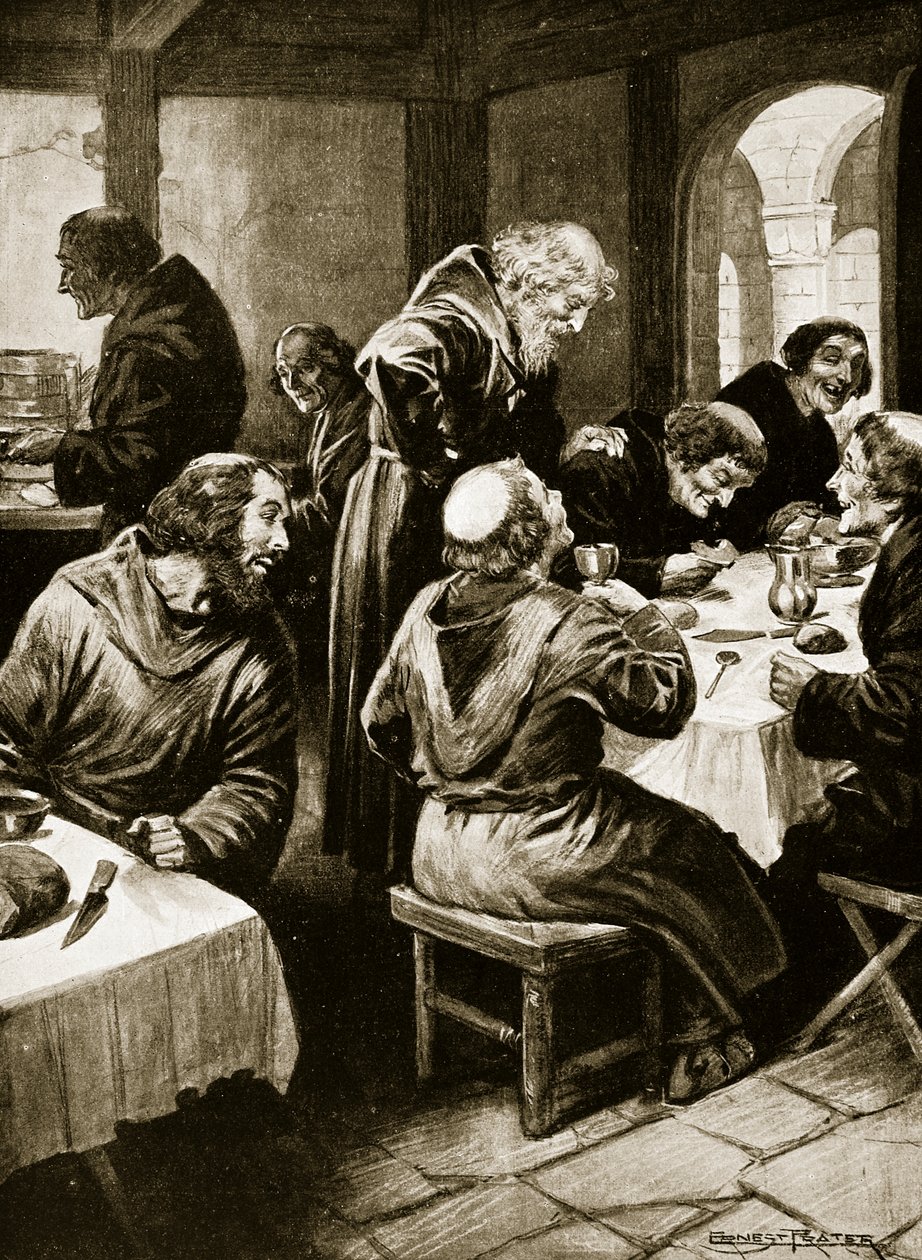 Wimund kertoo seikkailuistaan Bylandin munkeille, 1141, kuvitus "Hutchinsonin tarinasta brittiläisestä kansasta", n. 1920 tekijältä Ernest Prater