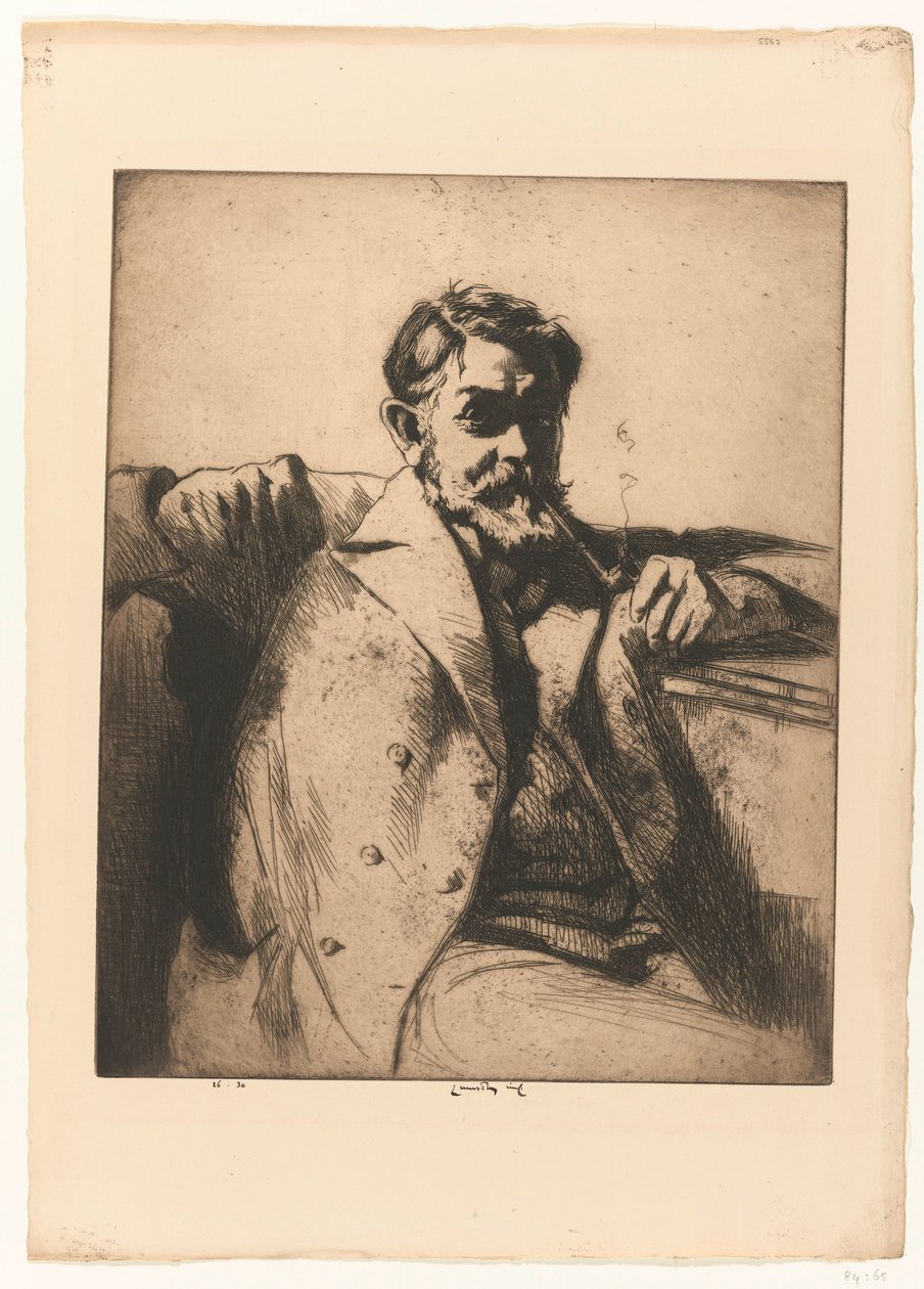 Sir Frank Brangwynin muotokuva Pipen kanssa tekijältä Ernest Stephen Lumsden (signed by artist)