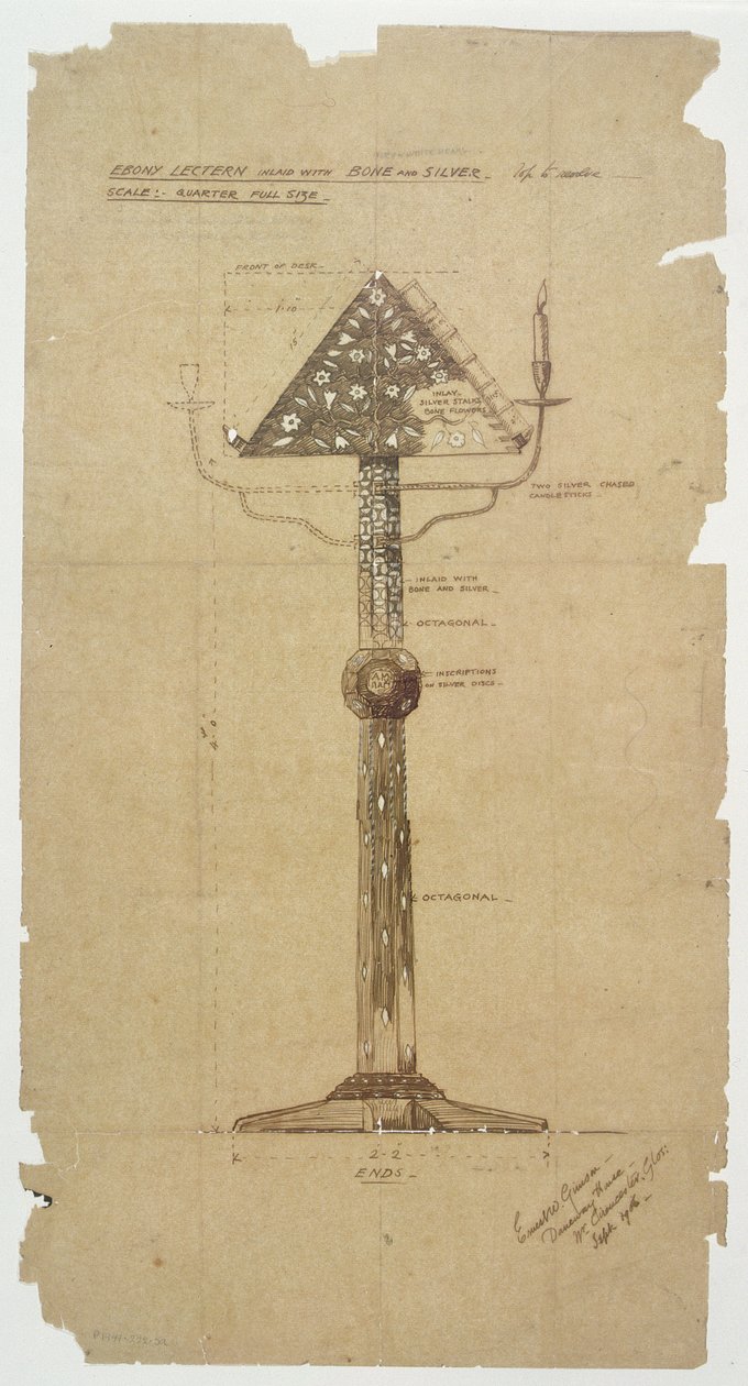 Suunnittelu Ebony Lecternille, upotekoristeinen Bone & Silver St. Andrews Churchille, Roker 1906 (kynä ja muste paperille) tekijältä Ernest William Gimson