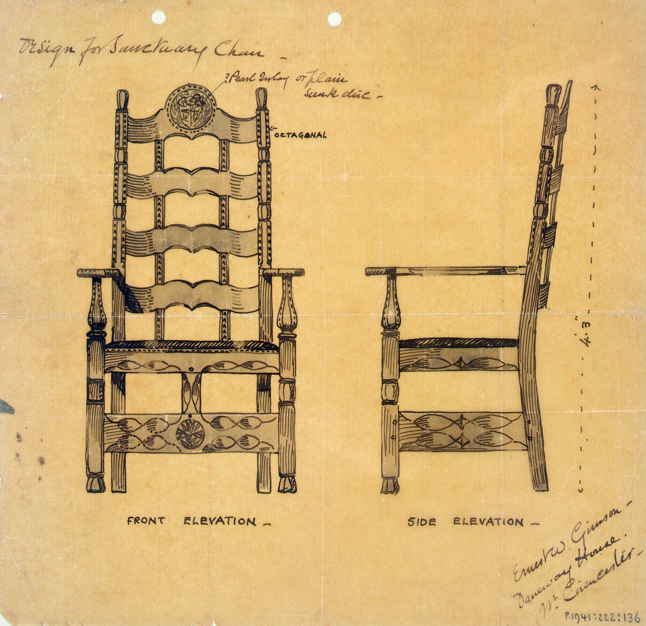 Design for Sanctuary Chair, n. 1905-25 (kynän ja musteen pesu paperille) tekijältä Ernest William Gimson