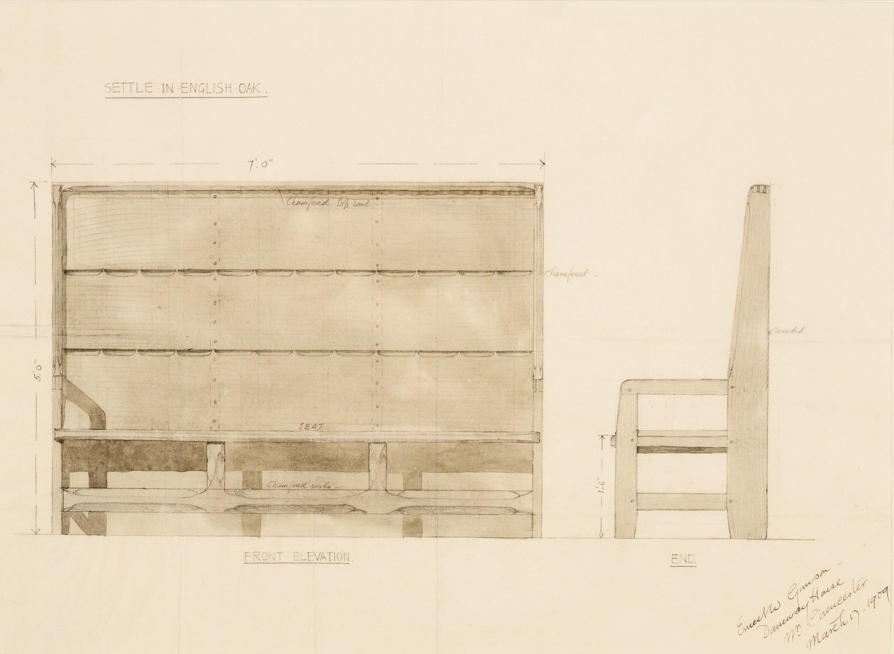 Design for Settle in English Oak, 1909 (kynä ja wc paperilla) tekijältä Ernest William Gimson