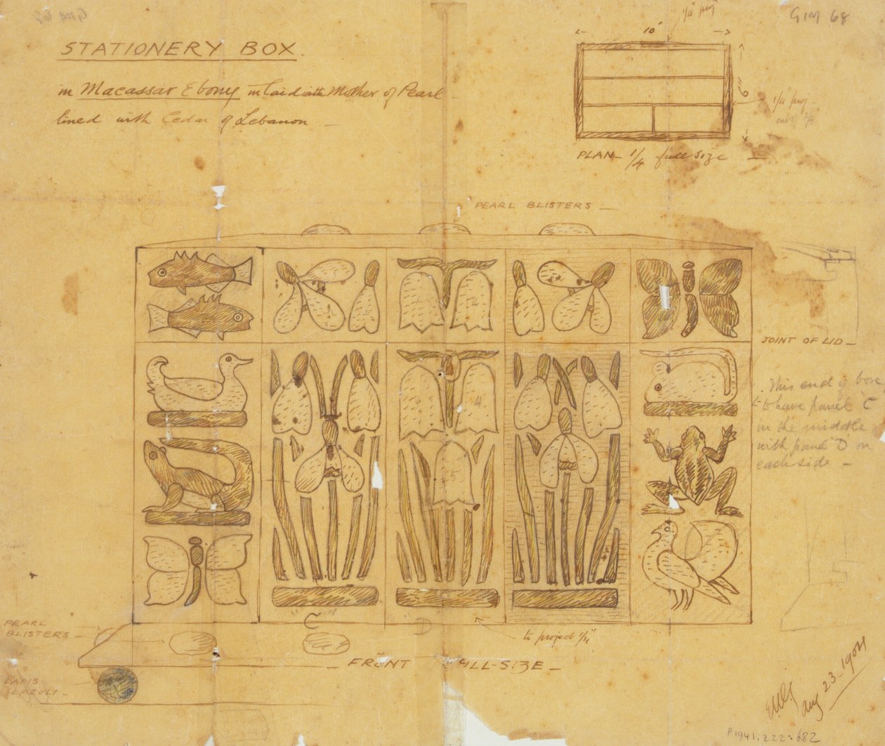 Suunnittelu paperitavaralaatikolle Macassar Ebonysta helmiäiskoristeella, 1904 tekijältä Ernest William Gimson