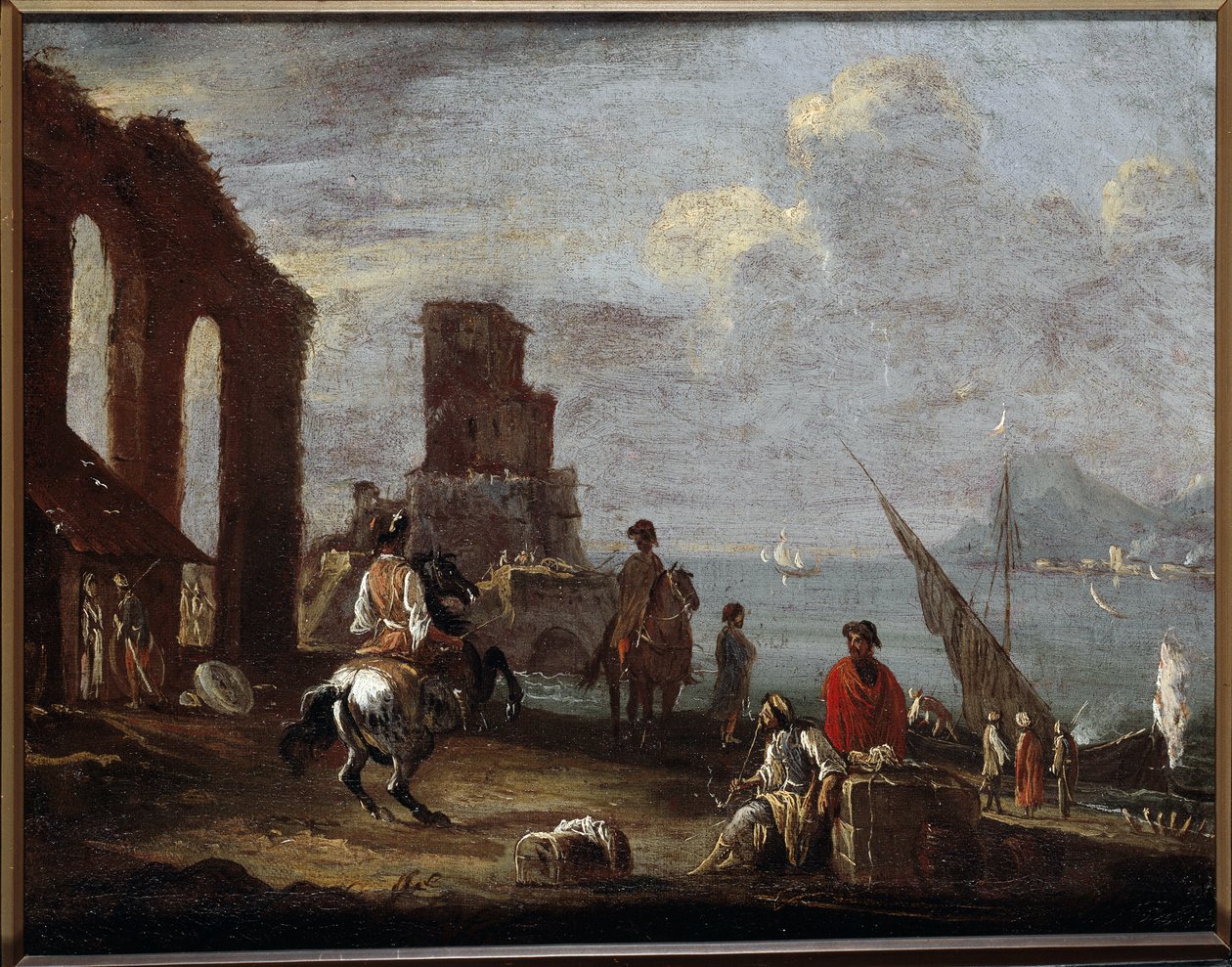 Maisema raunioilla lähellä merta Ernesto Monsu Daretin maalaus (1600-luku) Aurinko 40x50 cm Genes, Musei di Strada Nuova (ex Palazzo Bianco) tekijältä Ernest called Monsu Ernesto Daret