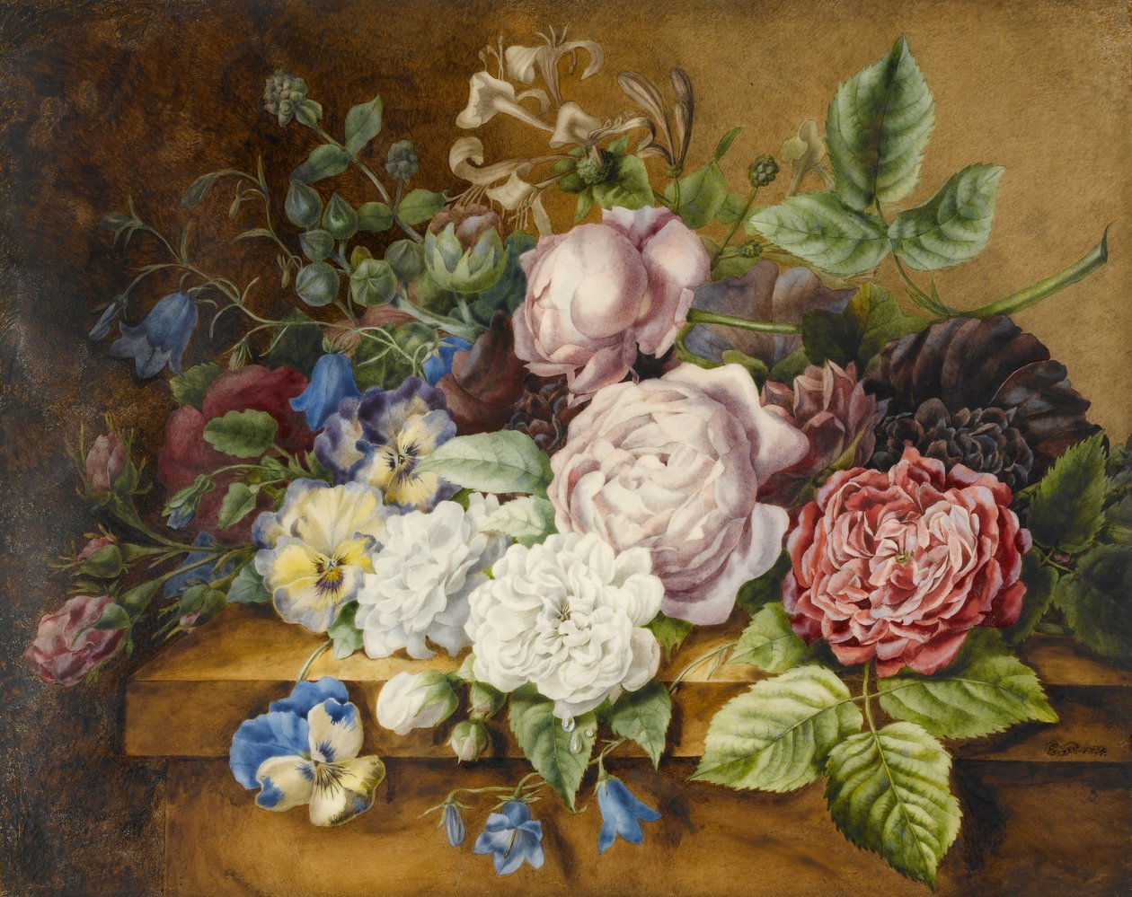 Flowers on a Ledge, 1814 (wc ja bodycolour paperille) tekijältä Ernestine Panckoucke