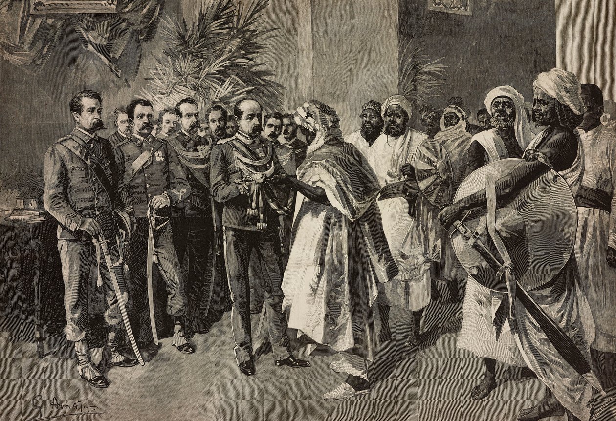 Kenraali Tancredi Saletta tarjoaa miekan Kantibaille, Ababin päällikölle Massawassa Eritrean sodassa, Ernesto Mancastroppan kaiverrus G Amaton piirroksesta, L