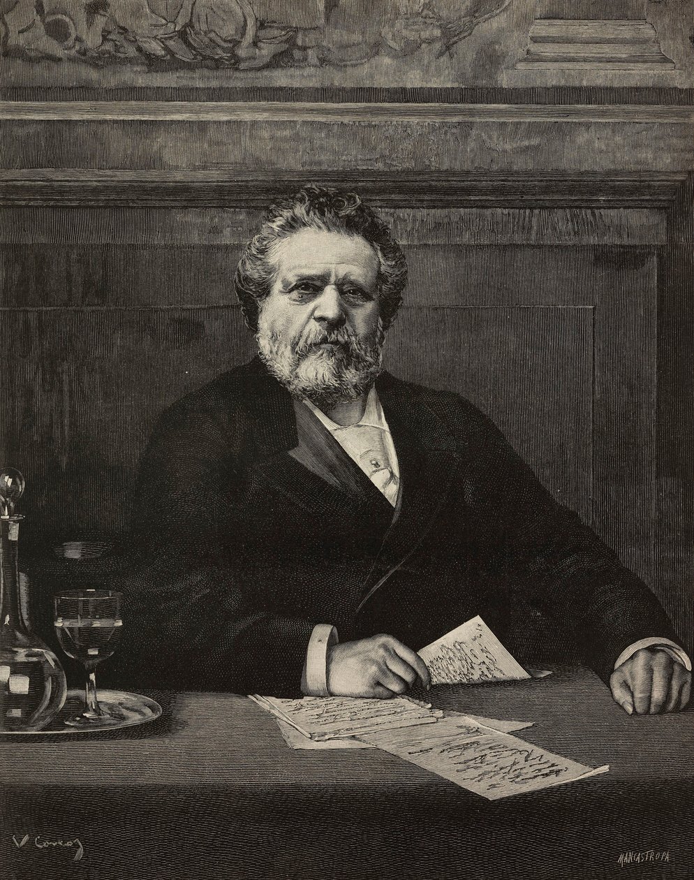 Giosue Carducci (1835-1907), italialainen runoilija ja kirjailija, Nobel-palkittu 1906, kaiverrus Ernesto Mancastroppa Vittorio Corcosin maalauksesta, L