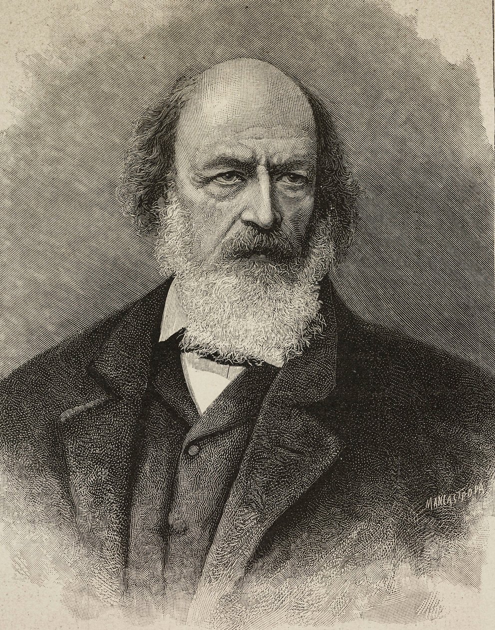 Alfred Tennysonin (1809-1892), brittiläisen runoilijan muotokuva, Ernesto Mancastroppan kaiverrus Barraudin valokuvasta, L
