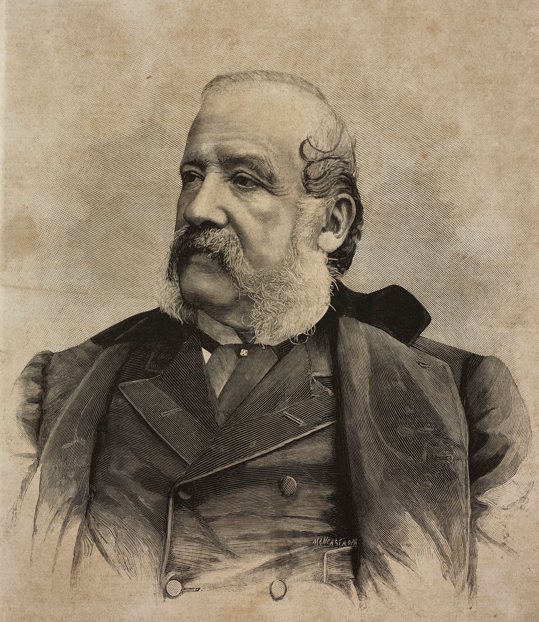 Muotokuva Gerolamo Indunosta (1825-1890), italialainen taidemaalari, Ernesto Mancastropan kaiverrus Guigonin ja Bossin valokuvasta, L