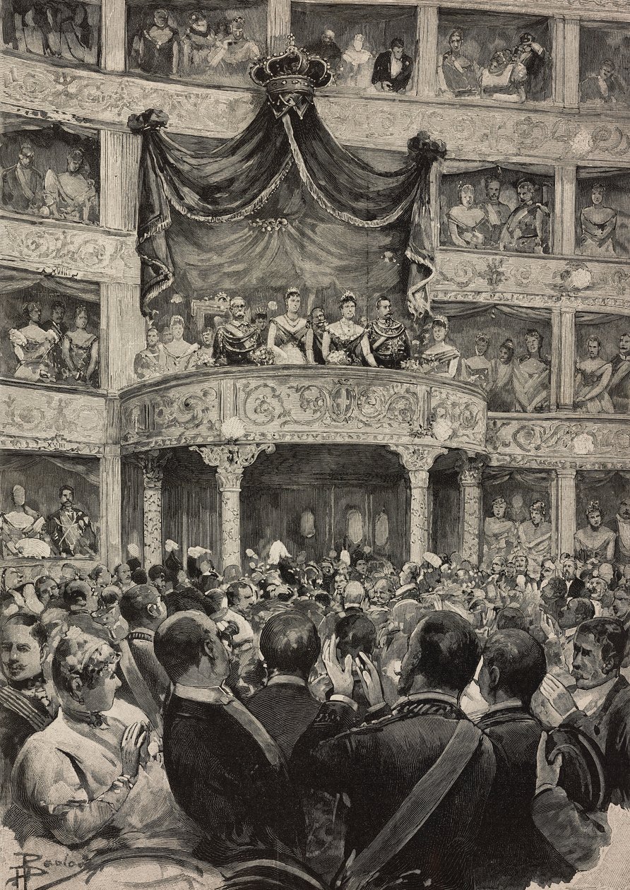 Umberto I ja Margherita of Savoy, Saksan hallitsijoiden seurassa Teatro Argentinassa hopeahääjuhlissa 21. huhtikuuta tekijältä Ernesto Mancastroppa