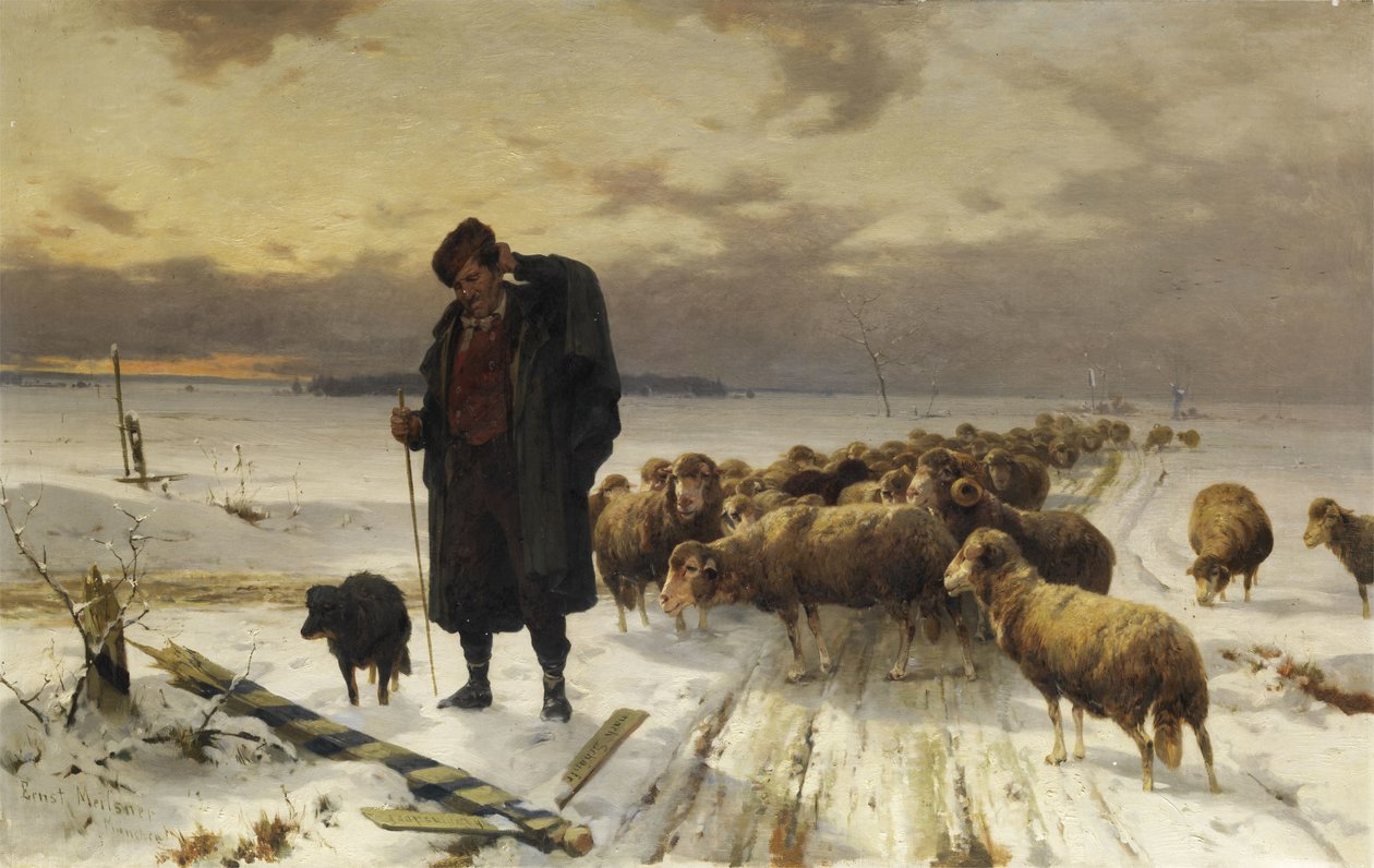 Schäfer mit Herde paikassa Winterlandschaft tekijältä Adolf Ernst Meissner