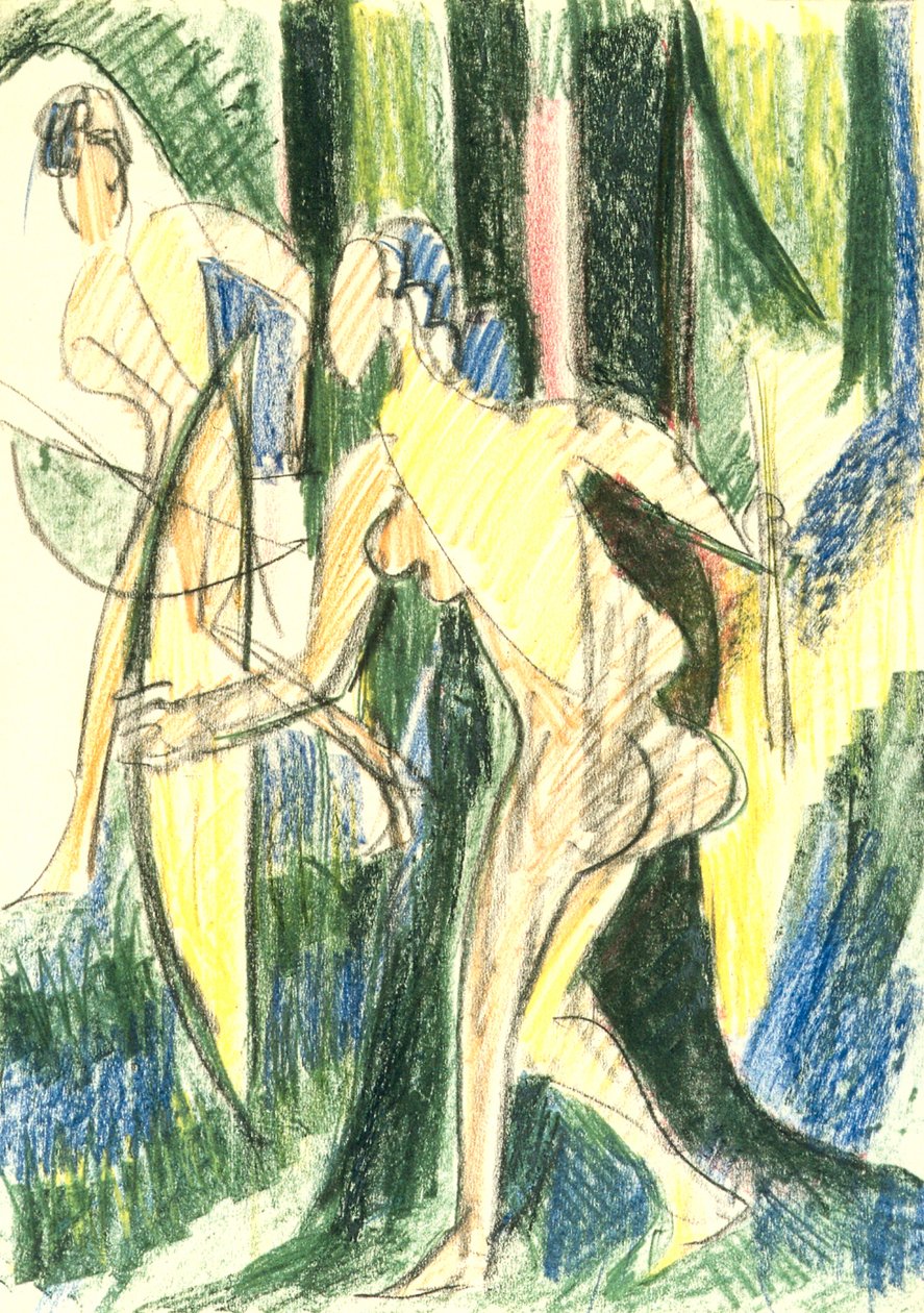 Bogenschießende Mädchen im Wald tekijältä Ernst Ludwig Kirchner