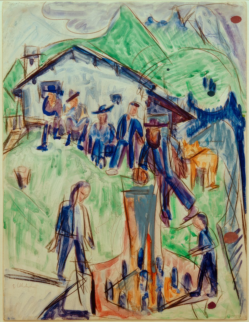 E.L.Kirchner, Bauern am Brunnen vor Stafelalp-Hütte tekijältä Ernst Ludwig Kirchner