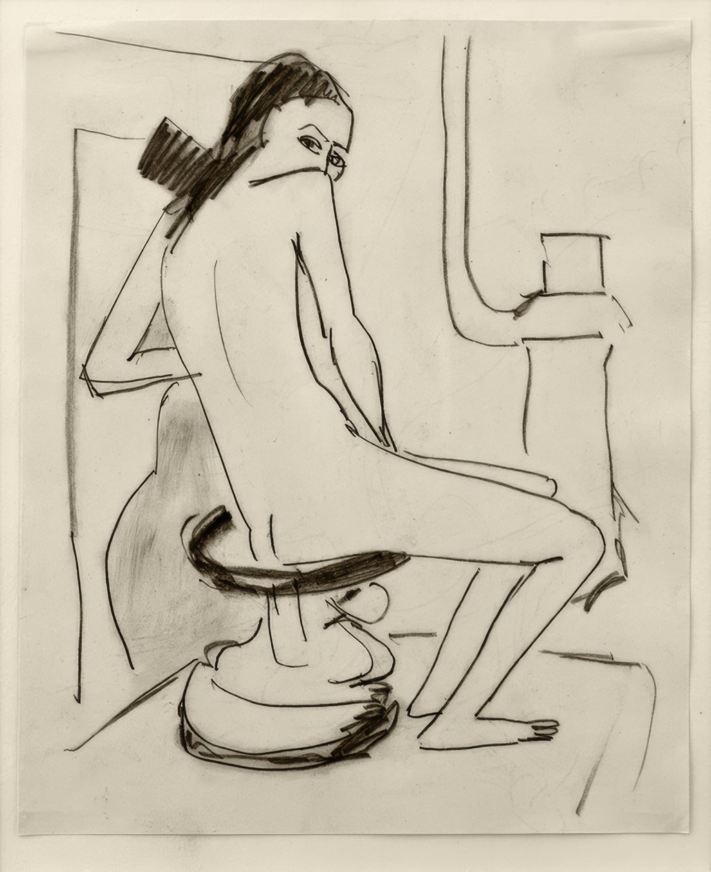 Ohne Titel (Marcella auf geschnitztem afrikanischen Hocker mit Ofen.... tekijältä Ernst Ludwig Kirchner
