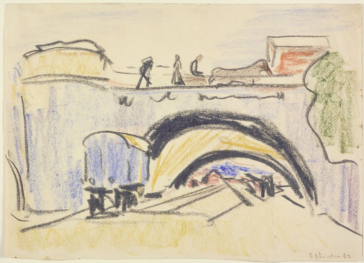 Rautatie ja silta, 1903 (liitu ja puuhiili raskaalla kudottupaperilla) tekijältä Ernst Ludwig Kirchner