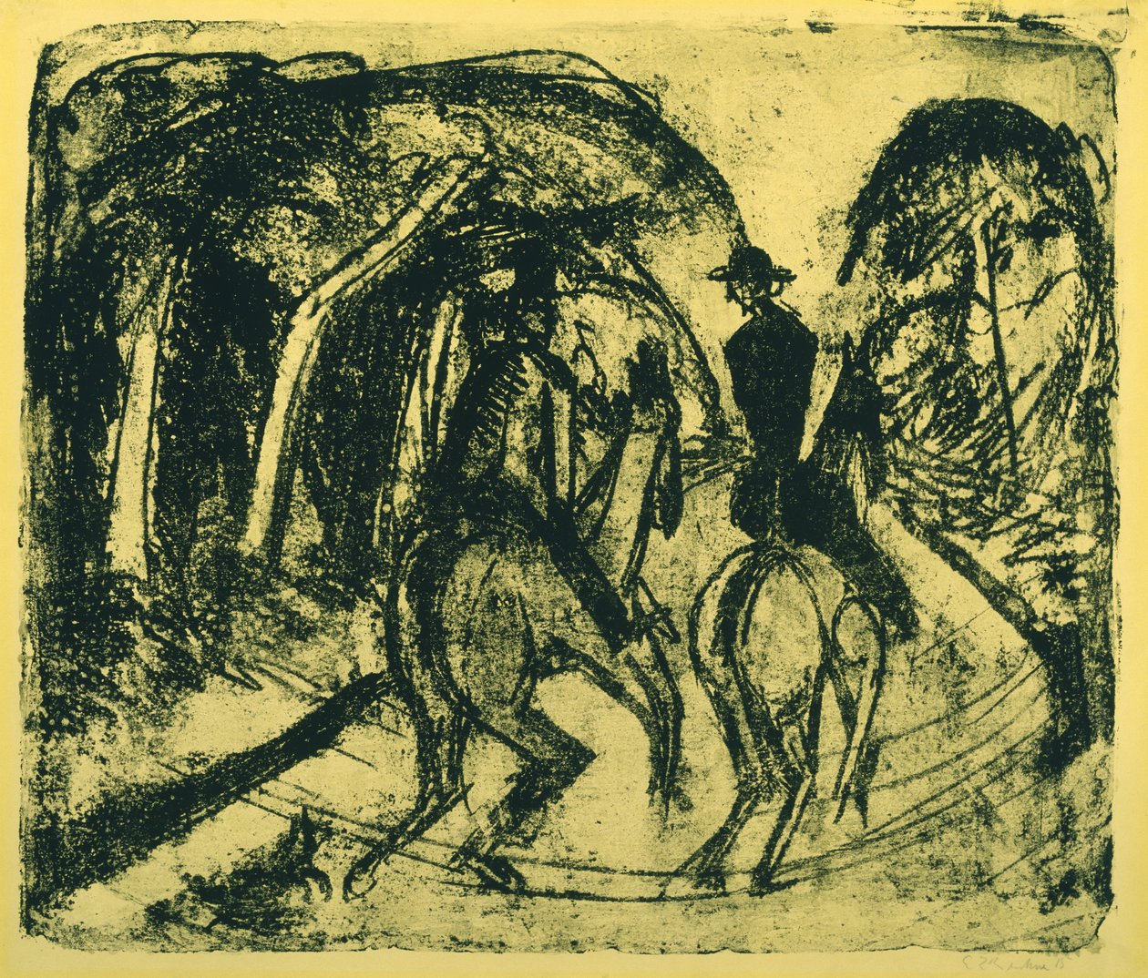 Reiter im Grunewald, 1914 (litho keltaisella paperilla) tekijältä Ernst Ludwig Kirchner