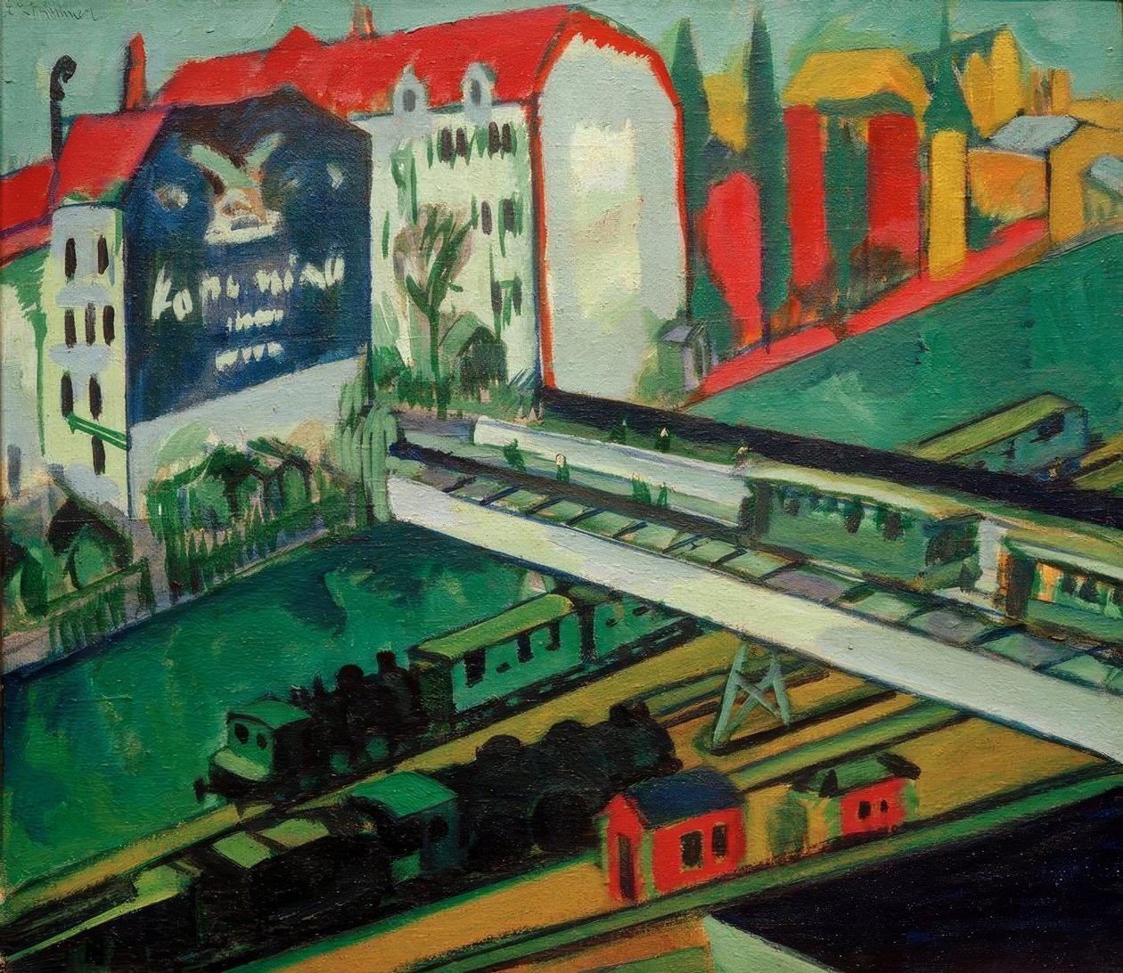 Straßenbahn und Eisenbahn; Blick aus dem Atelierfenster tekijältä Ernst Ludwig Kirchner