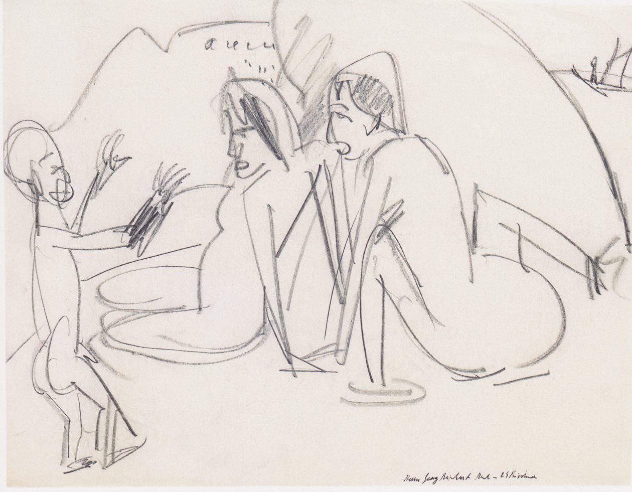 Kaksi naista ja veistos rannalla tekijältä Ernst Ludwig Kirchner
