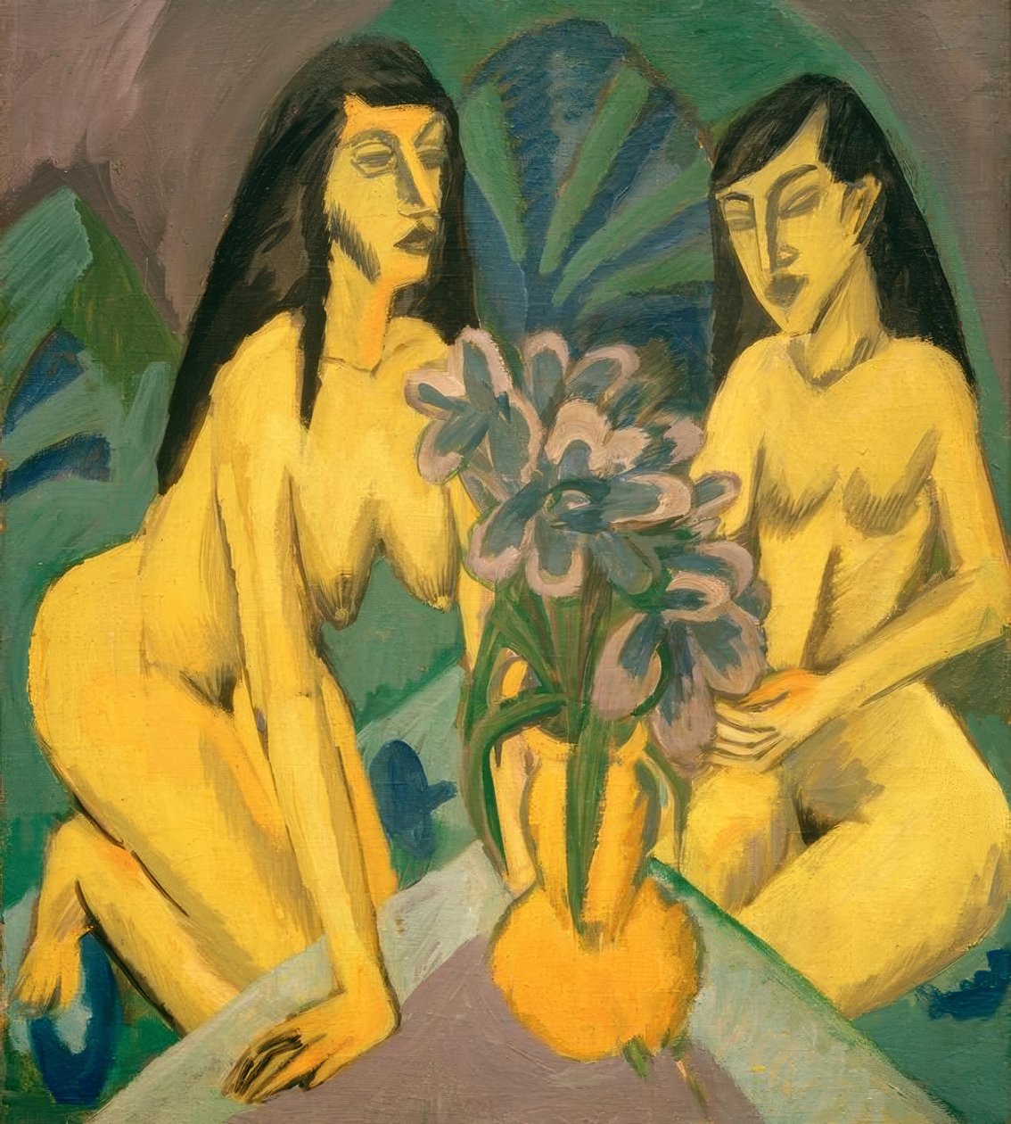 Zwei gelbe Akte mit Blumenstrauß tekijältä Ernst Ludwig Kirchner