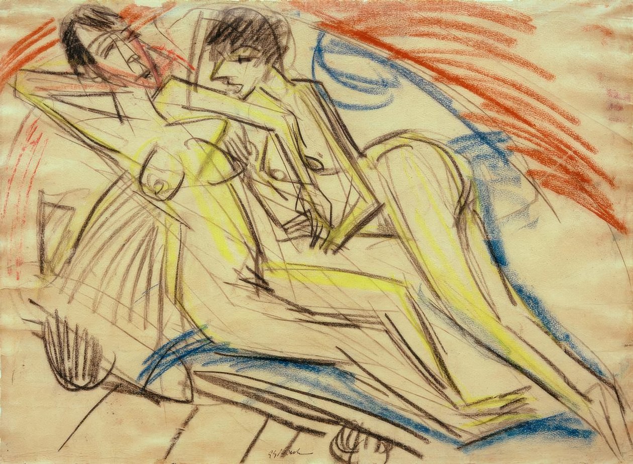 Zwei nackte Mädchen auf dem Bett tekijältä Ernst Ludwig Kirchner