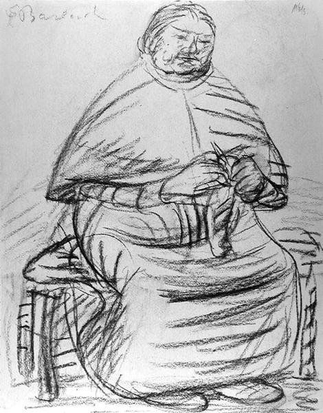 Vanha nainen neuloa (hiili paperille) (m/w kuva) tekijältä Ernst Barlach