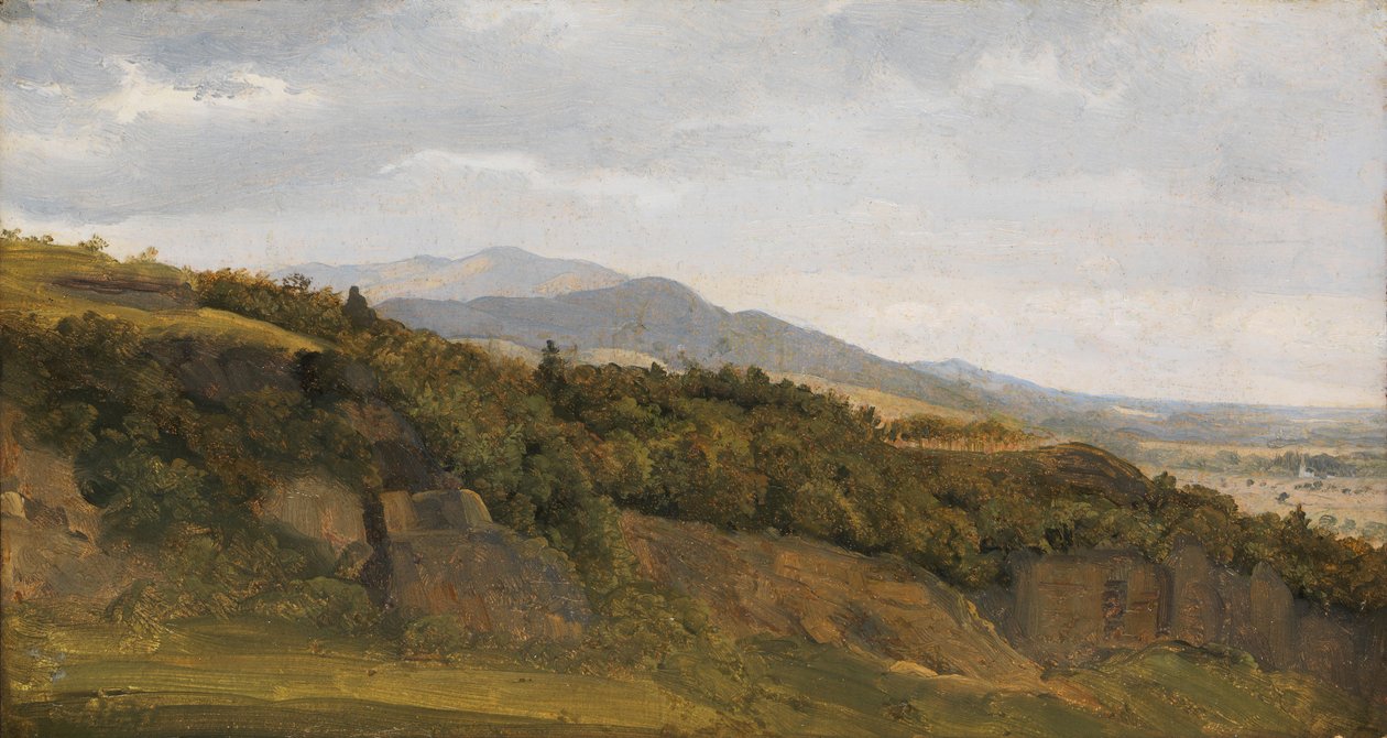 Saksalainen maisema näköalalla kohti laajaa laaksoa, n. 1829-30. tekijältä Ernst Christian Frederik Petzholdt