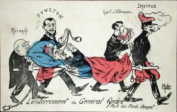 Kenraali Andrein hautaaminen, jaloista ensin Joseph Reinach (1856-1921), Gabriel Syveton (1864-1904), Guyot de Villeneuve ja Alfred Dreyfus (1855-1935) 1913 (käsinvärinen etsaus) tekijältä Ernst Emmanuel Muller