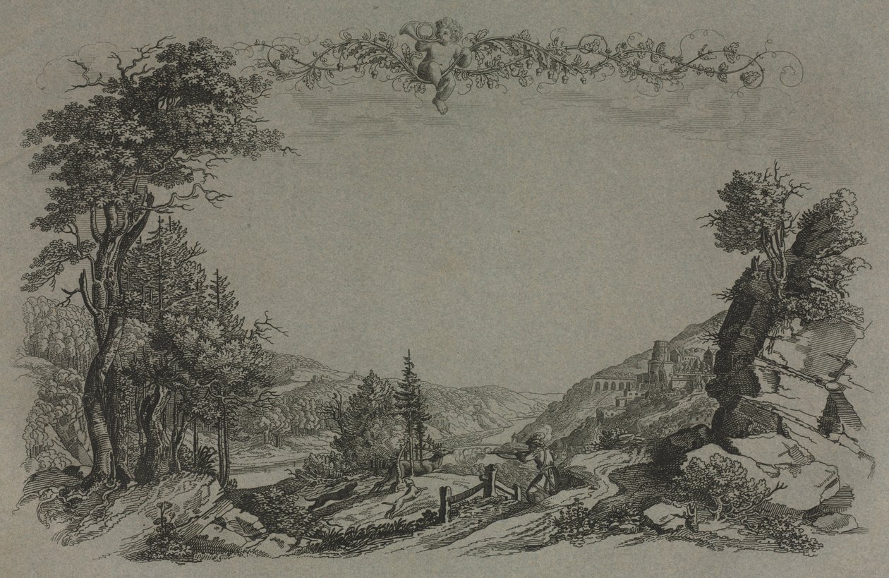 Kuusi näkymää Heidelbergin linnasta: Kansi, Metsästyspaikka, 1820. tekijältä Ernst Fries