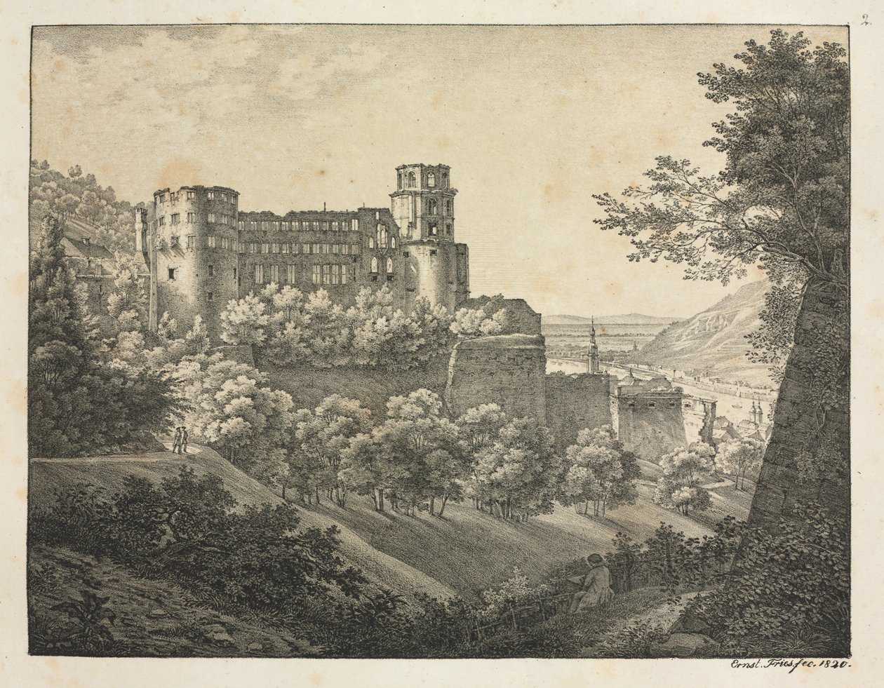 Kuusi näkymää Heidelbergin linnasta: Koilliseen, 1820. tekijältä Ernst Fries