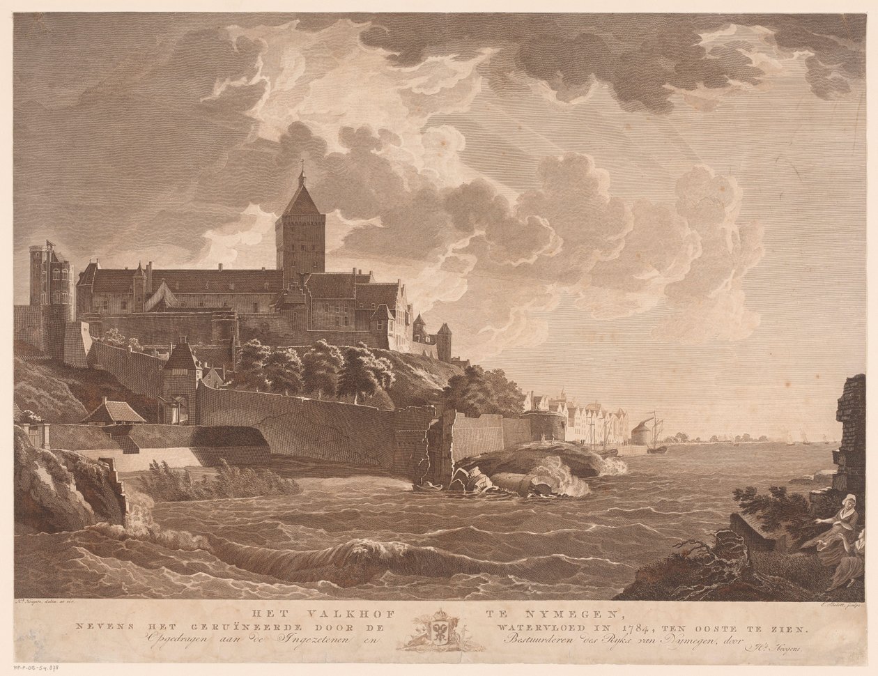 Näkymä Valkhofille Nijmegenissä Valkhof Nijmegenissä, vuoden 1784 tulvan tuhoaman talon vieressä, itään (otsikko esineessä) tekijältä Ernst Karl Gottlieb Thelott