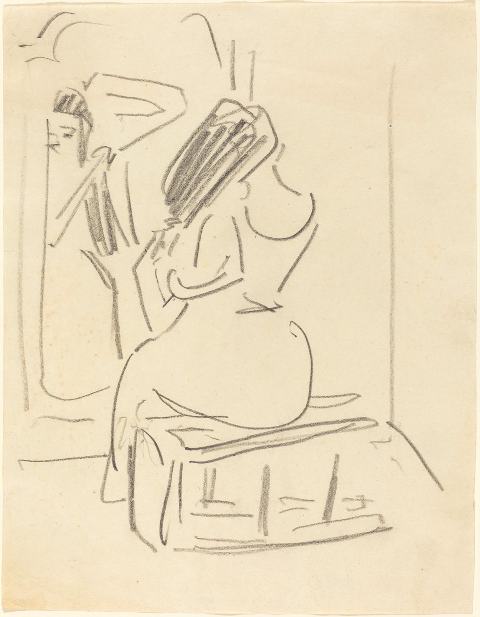 Nainen kampaamassa hiuksiaan peilin edessä, 1800-luvun loppu - 1900-luvun alku. tekijältä Ernst Ludwig Kirchner