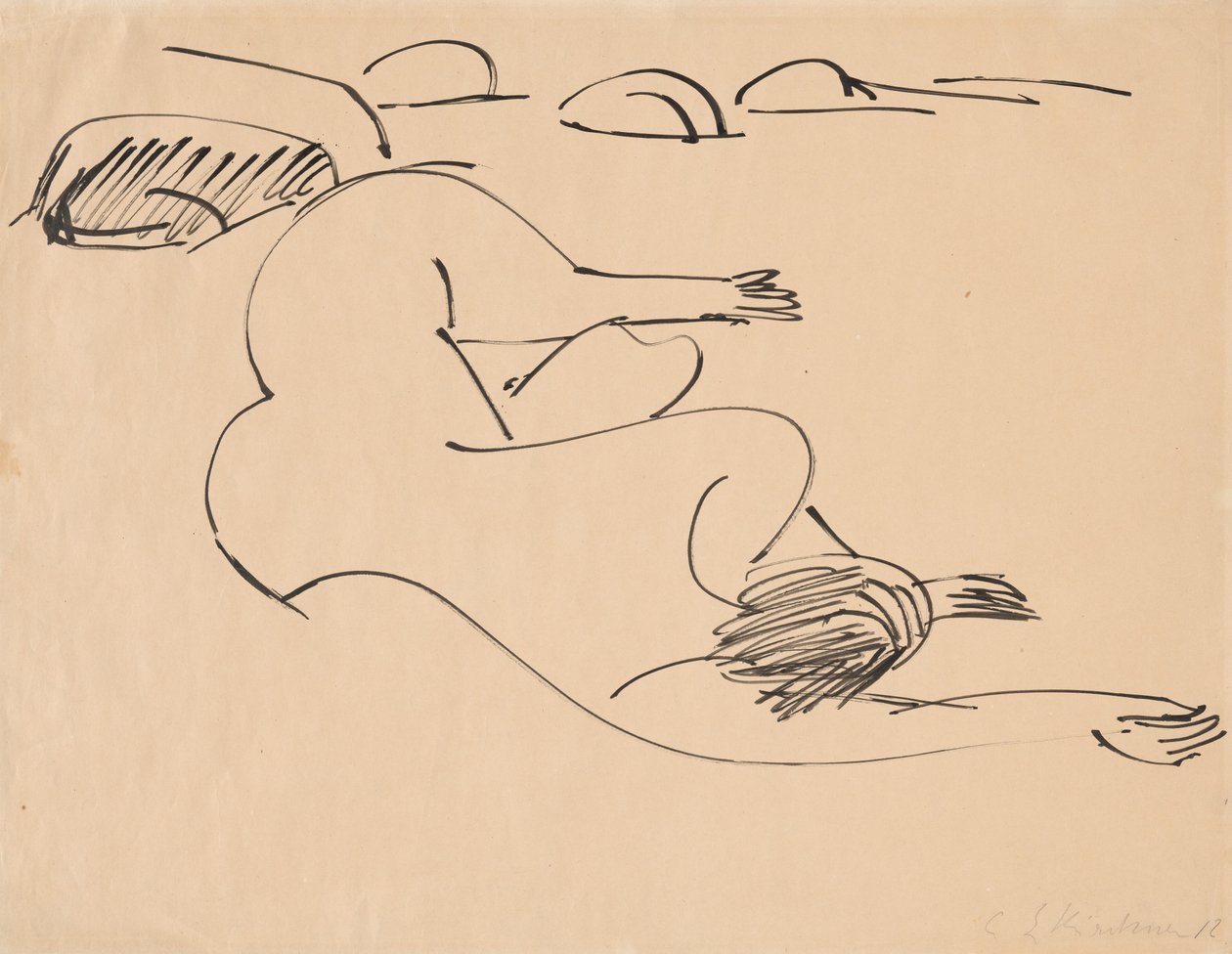 Erna makaa rannalla kallioiden keskellä, 1912. tekijältä Ernst Ludwig Kirchner