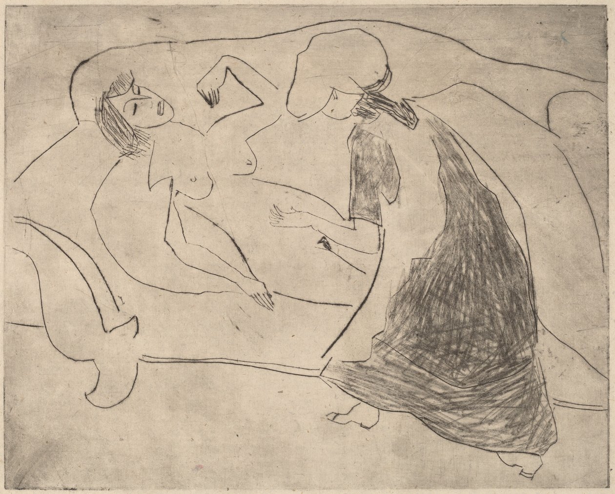 Tyttö, toinen hieroi vatsaansa, 1910. tekijältä Ernst Ludwig Kirchner