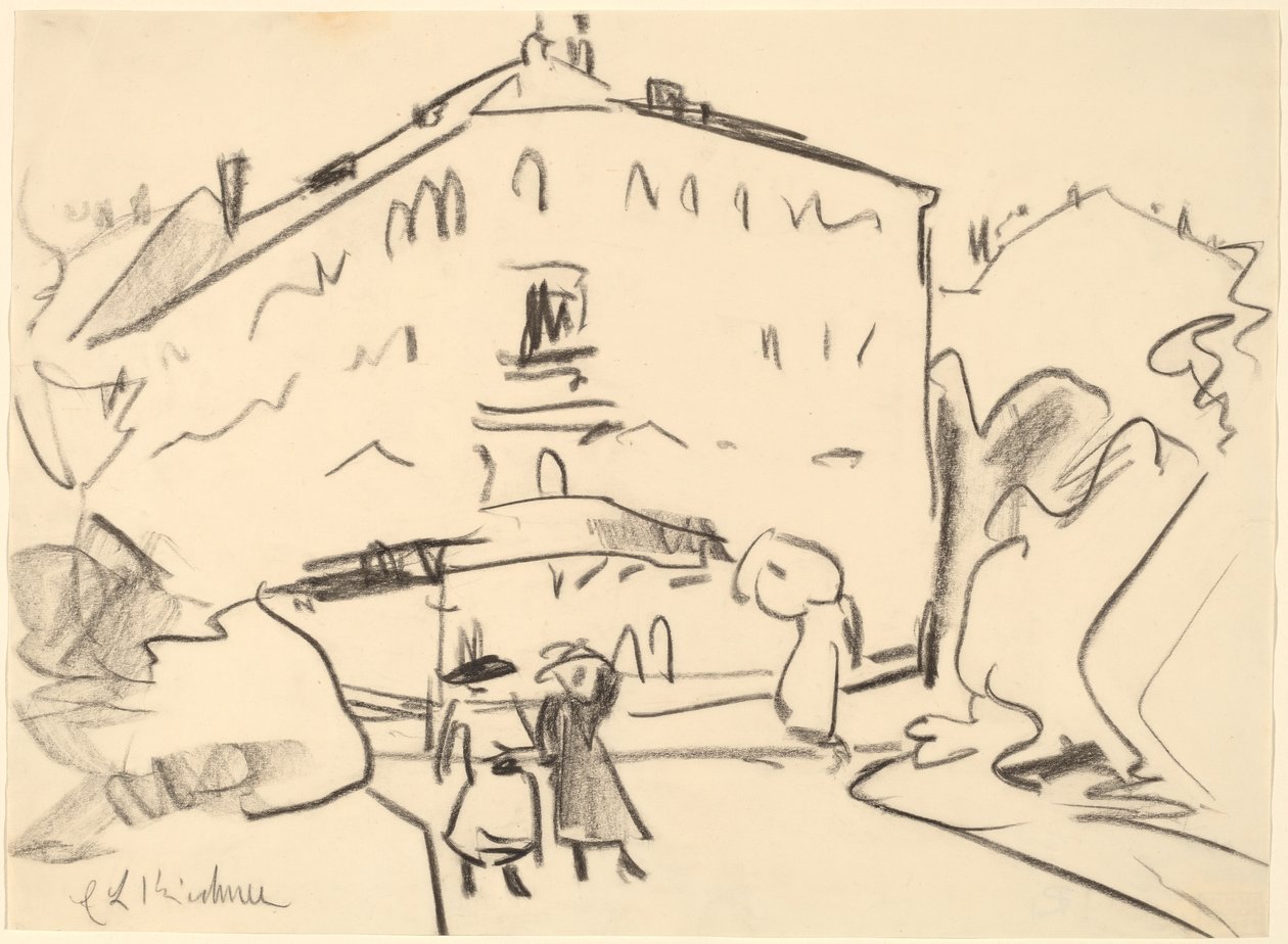 Taloja Dresdenissä ihmisten kävelemässä, 1909. tekijältä Ernst Ludwig Kirchner