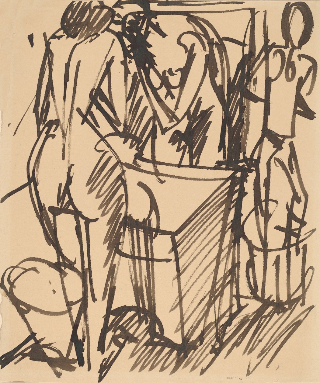 Alaston peilin kanssa seisomassa pesupöydän edessä, 1908-1910. tekijältä Ernst Ludwig Kirchner