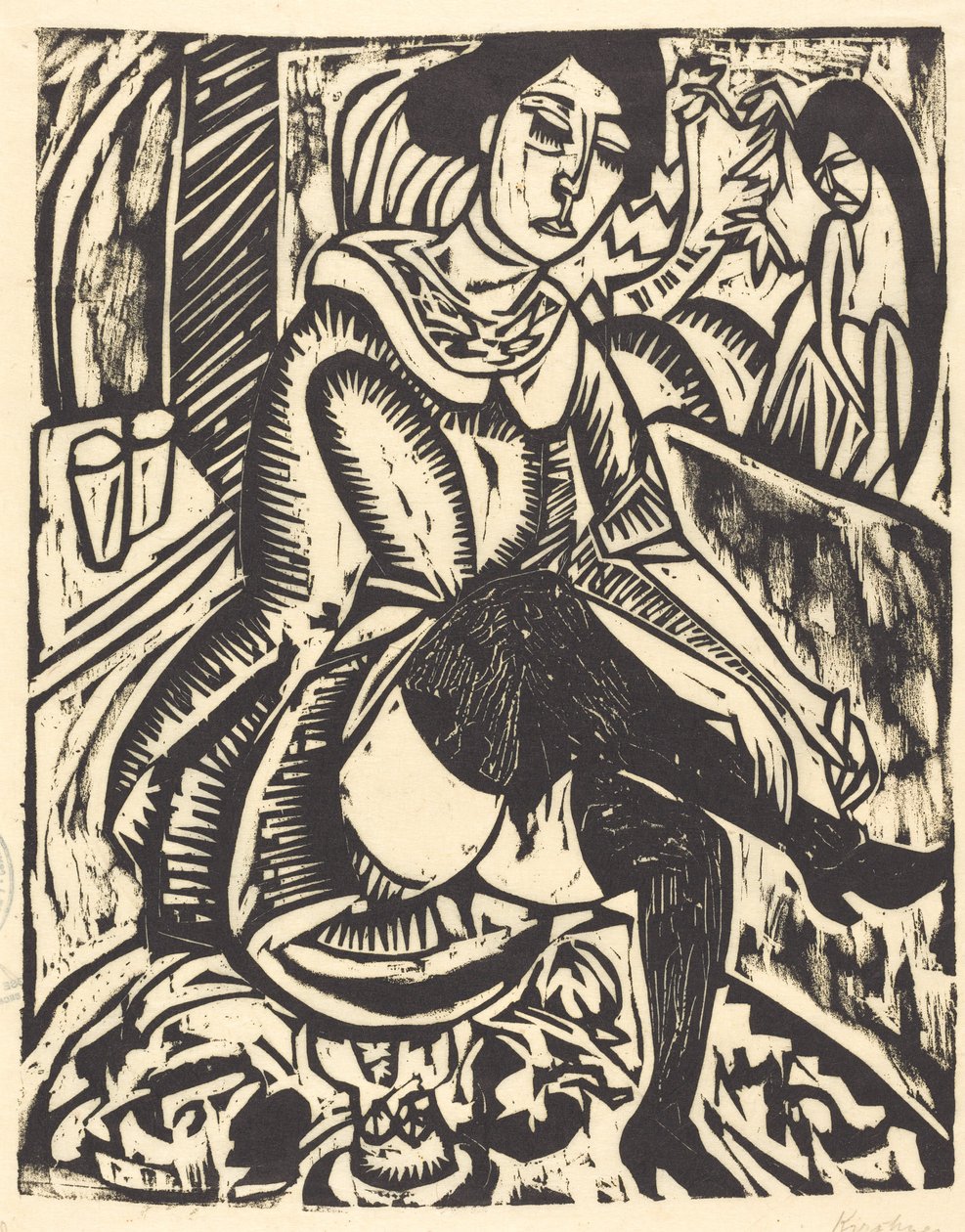 Nainen sitomassa kenkiään Frau, Schuh Zuknopfend, 1912. tekijältä Ernst Ludwig Kirchner