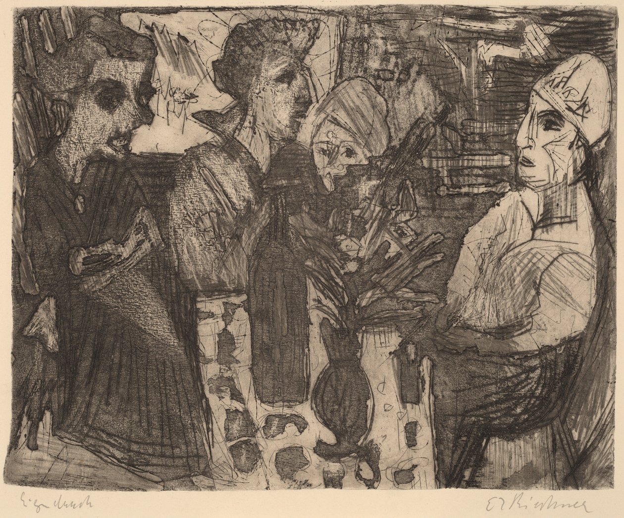 Naiset pöydässä huoneessa, 1920. tekijältä Ernst Ludwig Kirchner